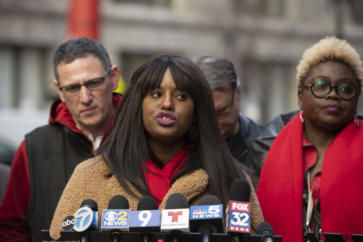 Chicago Teachers Union Vice President Stacy Davis Gates, speaks to reporters outside the Thompson Center, after the governor announced closures of public and private schools statewide due to COVID-19, Friday, March 13, 2020. | Tyler LaRiviere/Sun-Times