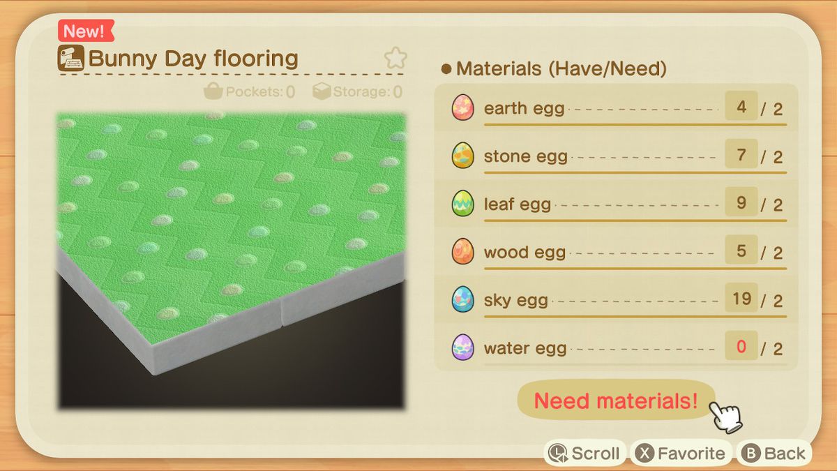 A crafting screen in Animal Crossing showing how to make Bunny Day Flooring