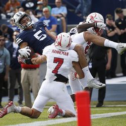 Brigham Young Cougars wide receiver Nick Kurtz (5) is called out in the endzone as Southern Utah Thunderbirds safety Kyle Hannemann (7) defends  in Provo on Saturday, Nov. 12, 2016.