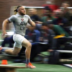 Jared Norris works out for scouts during the University of Utah's NFL Pro Day in Salt Lake City, Thursday, March 24, 2016.