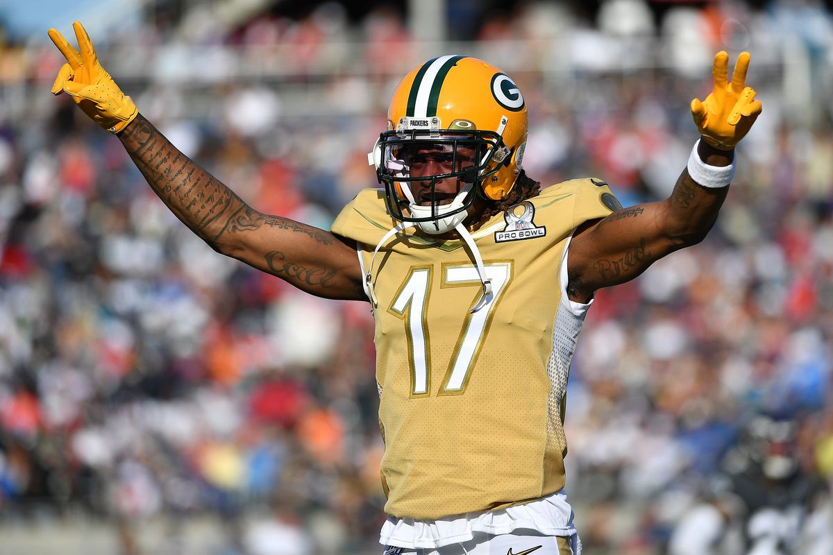 Davante Adams #17 of the Green Bay Packers celebrates during the 2020 NFL Pro Bowl at Camping World Stadium on January 26, 2020 in Orlando, Florida.