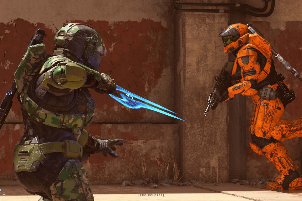 one spartan readies an energy sword to strike an opponent in Halo Infinite