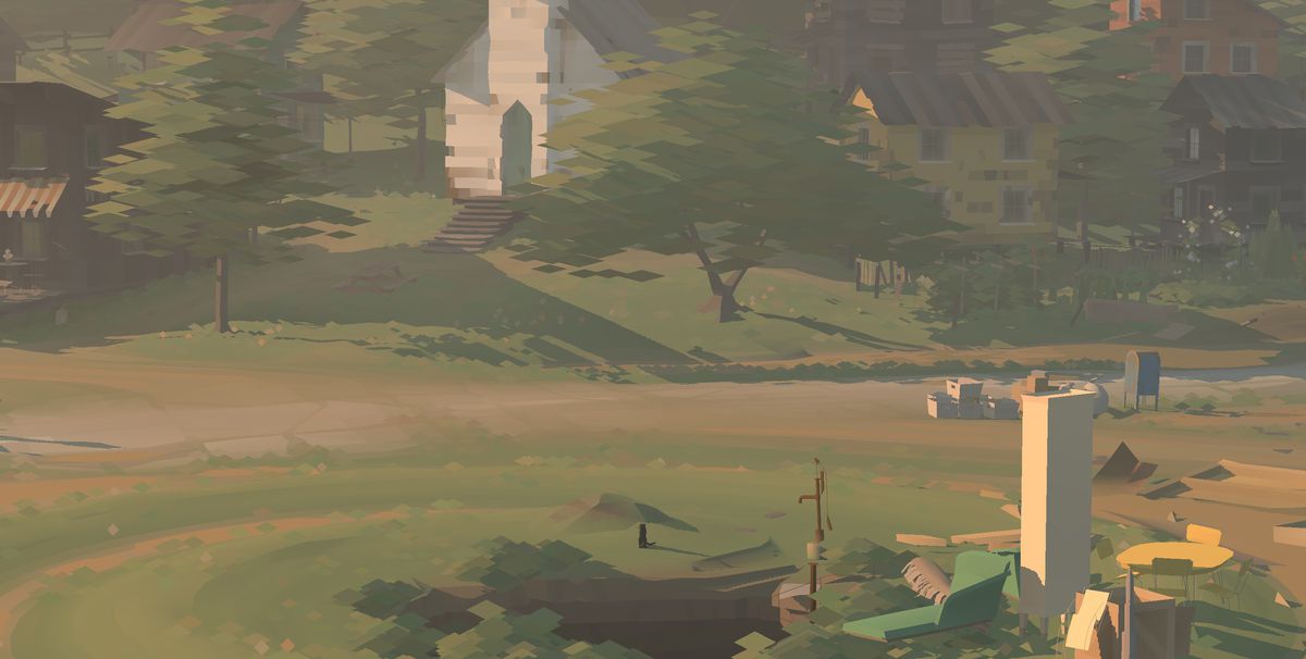 A cat sitting in a town in Kentucky Route Zero