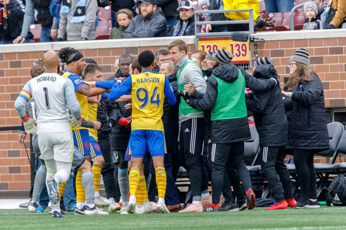 October 13, 2018 - Minneapolis, Minnesota, United States - A melee erupts after Colorado scores a late goal in stoppage time and celebrates in front of the Loons' bench during the Minnesota United vs Colorado Rapids match at TCF Bank Stadium. 

(Photo by Seth Steffenhagen/Steffenhagen Photography)