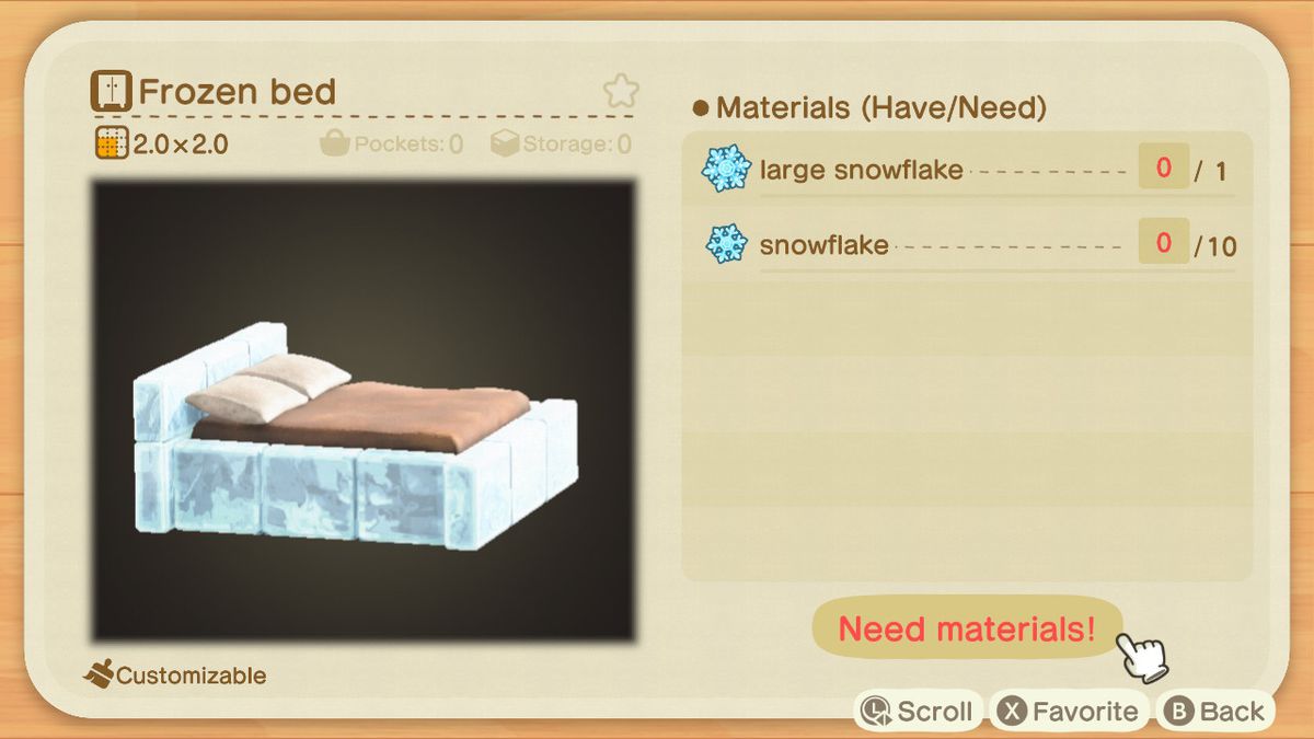 An Animal Crossing recipe for a Frozen Bed