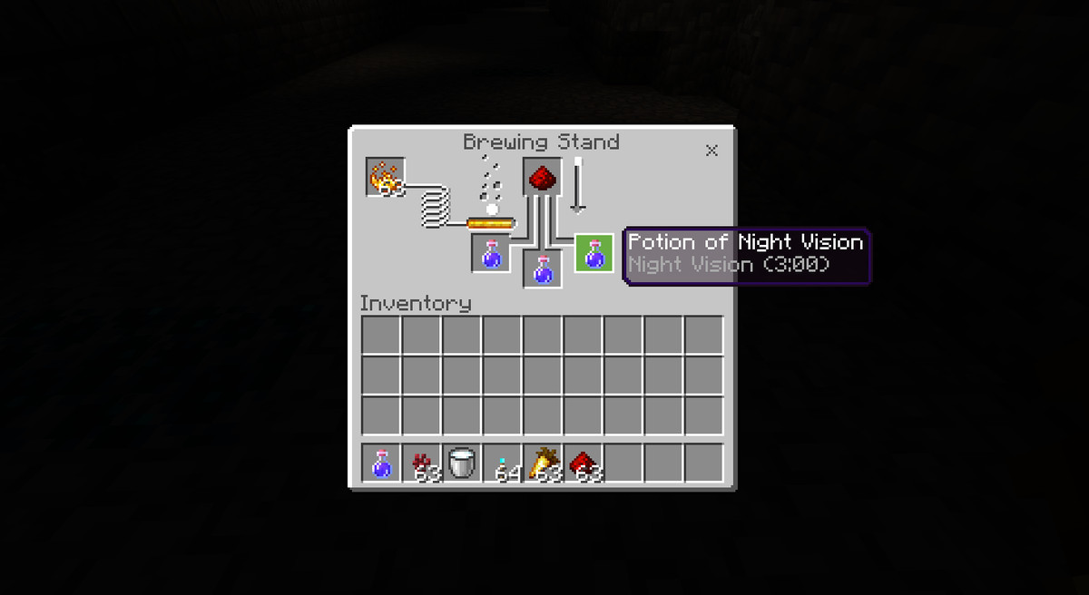A crafting menu in Minecraft showing how to make a Potion of Night Vision