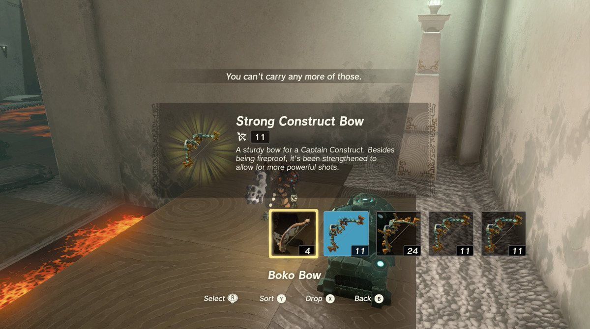 An image of a bow select screen in Zelda: Tears of the Kingdom. The pop-up menu shows an option to drop a bow. 