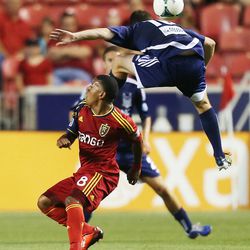 RSL's Joao Plata turns as the ball goes over his head as Real Salt Lake and the Carolina RailHawks play in the U.S. Open Cup on Wednesday, June 26, 2013 at Rio Tinto Stadium in Sandy. RSL beat Carolina 3-0.