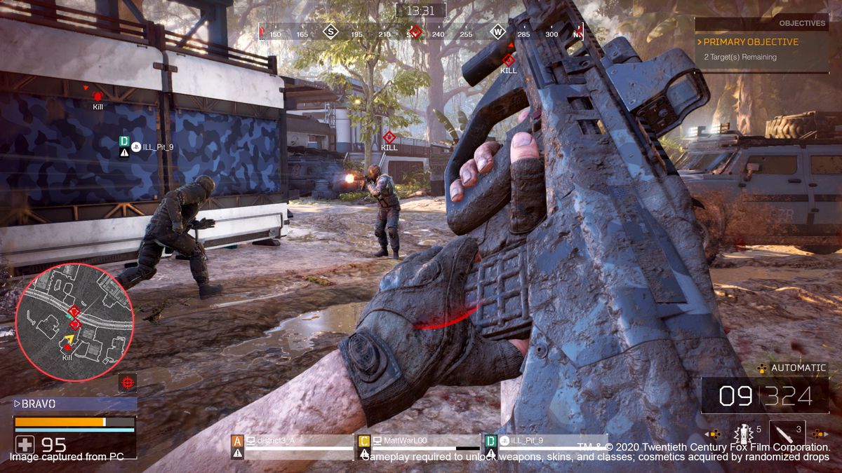 A player character covered in mud reloads a bullpup assault rifle.