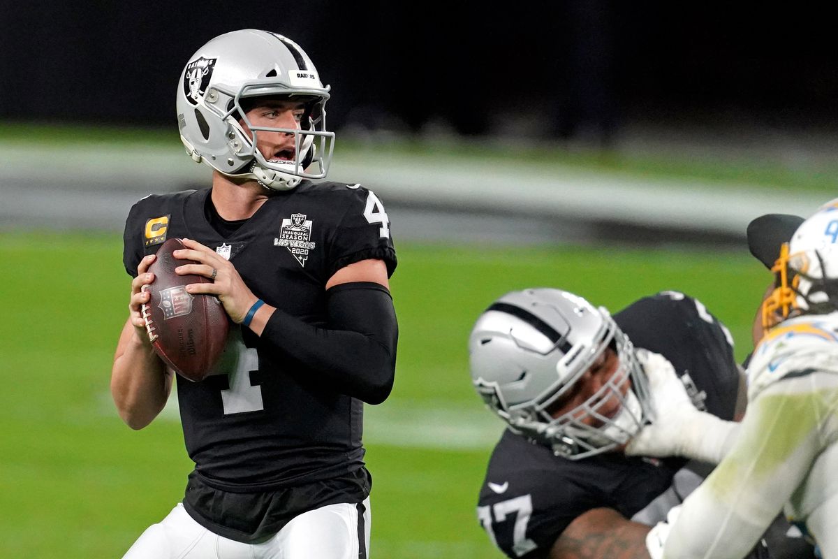 &nbsp;Las Vegas Raiders quarterback Derek Carr (4) drops back to pass against the Los Angeles Chargers during the first half at Allegiant Stadium