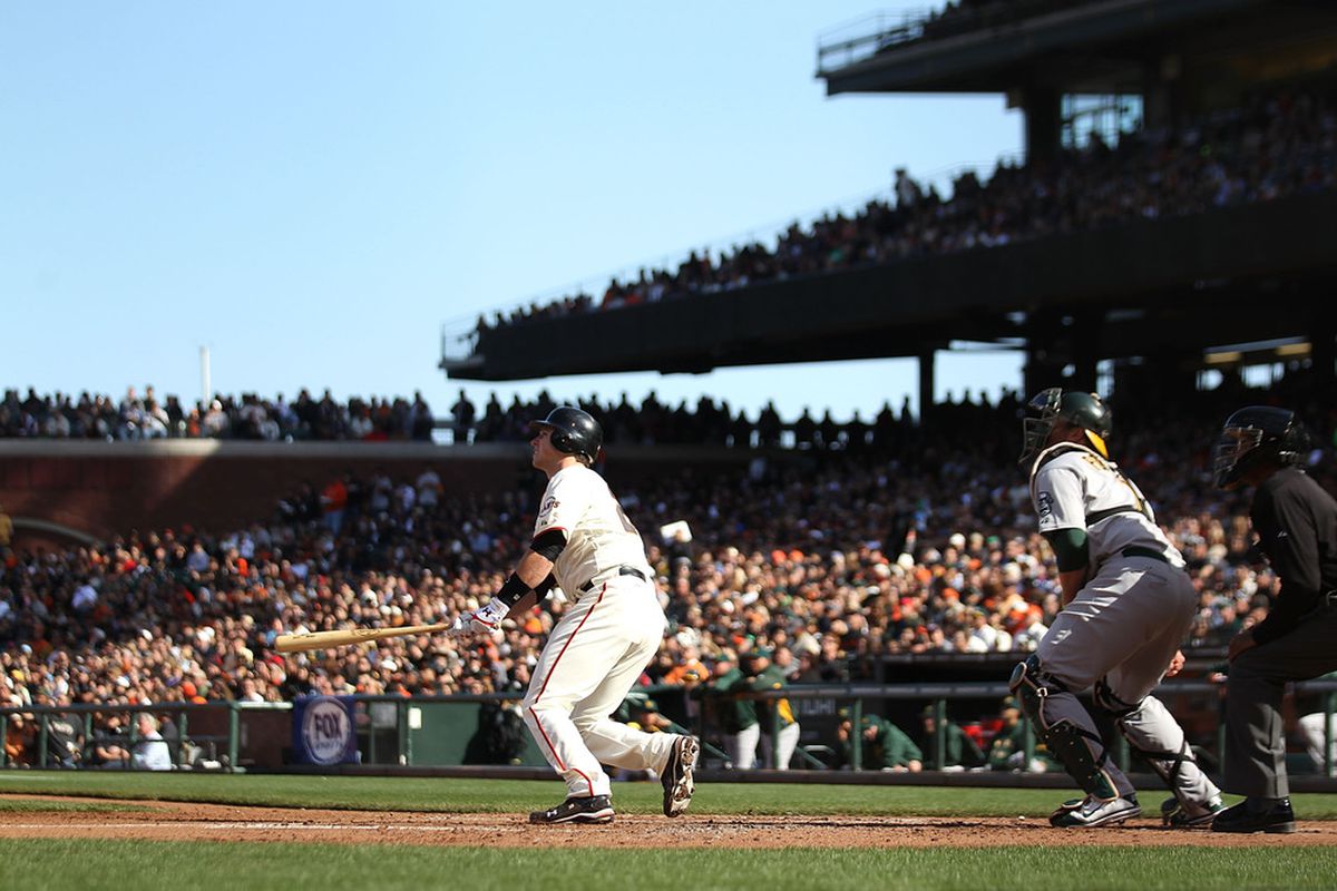 SAN FRANCISCO, CA - MAY 21:  Buster Posey #28 of the San Francisco Giants doubles in the third inning against the Oakland Athletics during an MLB game at AT&T Park on May 21, 2011 in San Francisco, California.  (Photo by Jed Jacobsohn/Getty Images)