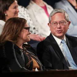 Elder Gerrit W. Gong, of the Quorum of the Twelve Apostles of the LDS Church, and his wife, Sister Susan Gong, left, are introduced before speaking at the BYU Women's Conference at the Marriott Center in Provo on Friday, May 4, 2018.