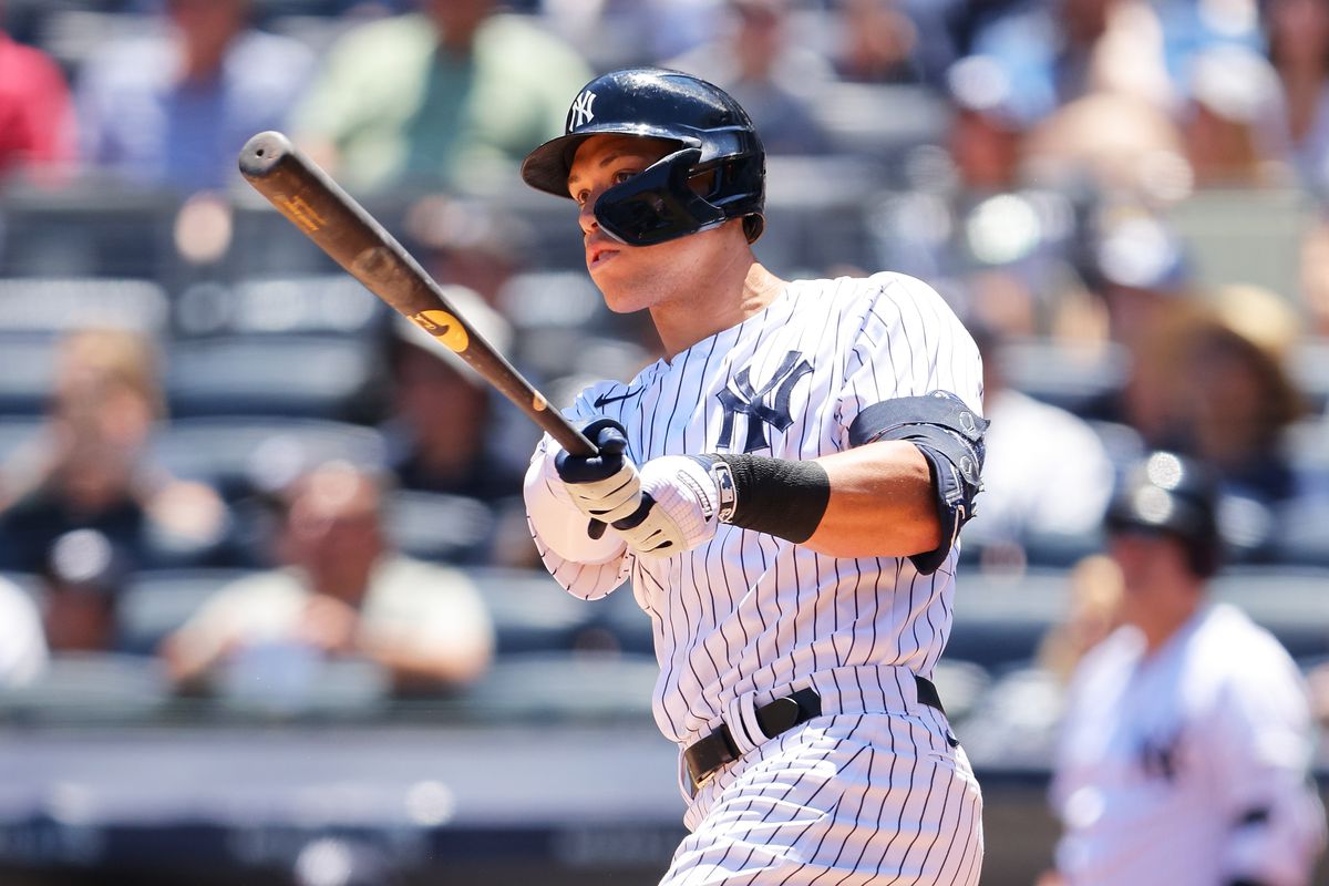 Aaron Judge #99 of the New York Yankees hits a first inning 2-run home run against the Oakland Athletics at Yankee Stadium on June 29, 2022 in New York City.