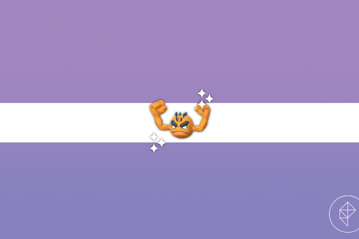 Shiny Alolan Geodude in Pokémon Go on a purple gradient background