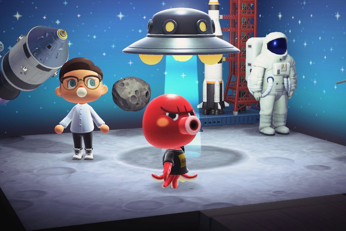 An octopus villager and a player stand inside of a space-themed room.