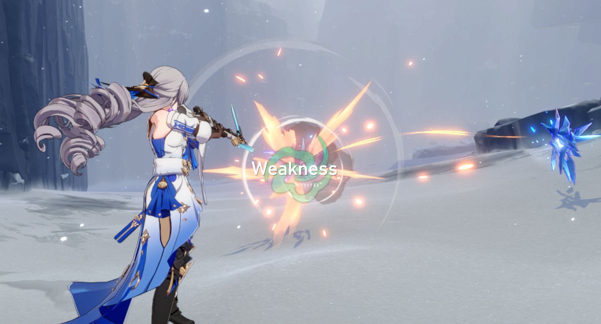 Bronya fires her rifle at an enemy, hitting a wind weakness in Honkai: Star Rail