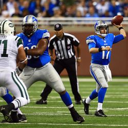 Aug 9, 2013; Detroit, MI, USA; Detroit Lions quarterback Kellen Moore (17) throws a pass in the third quarter of a preseason game against the New York Jets at Ford Field.