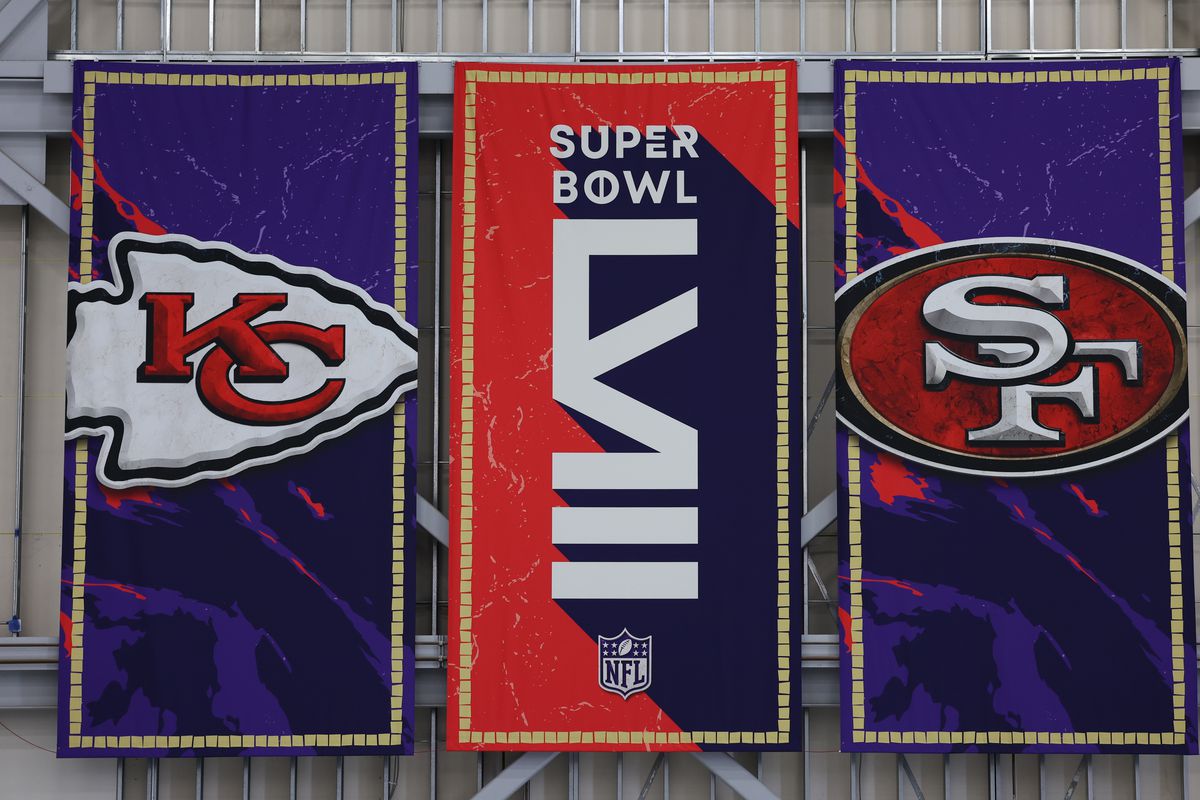 A Kansas City Chiefs and San Francisco 49ers banner is displayed for Super Bowl LVIII at the Harry Reid International Airport on February 4, 2024 in Las Vegas, NV. Super Bowl LVIII will be played between the Kansas City Chiefs and the San Francisco 49ers on February 11th at Allegiant Stadium in Las Vegas, Nevada.