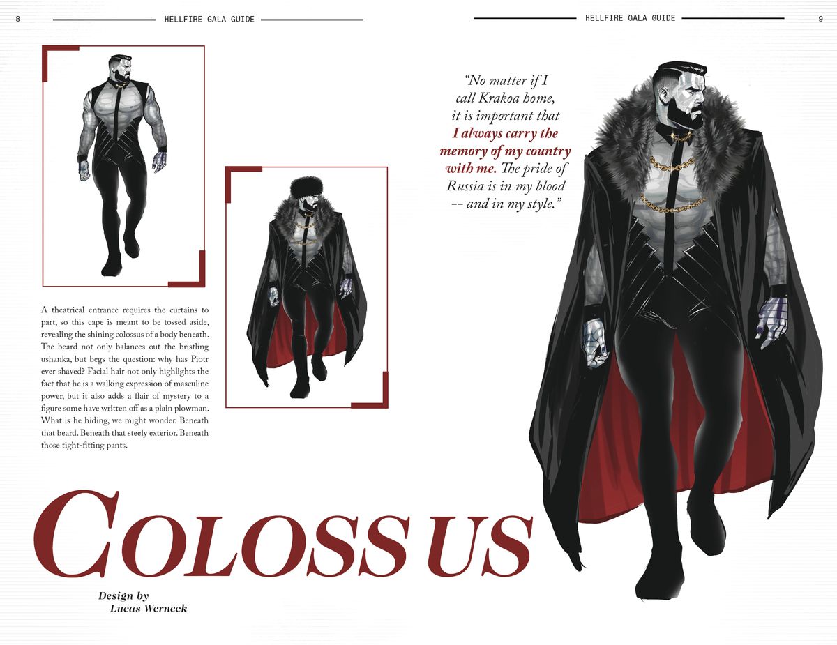 Concept art for Colossus’ Hellfire Gala outfit, which includes a bare-chested top adorned with gold chains, tight pants, and a fur-topped cloak and ushanka hat in Hellfire Gala Guide, Marvel Comics (2021). 