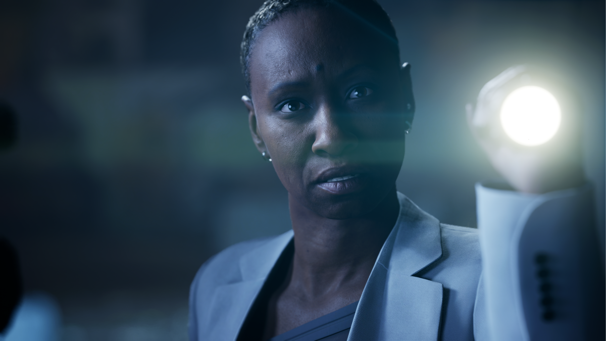 A woman holds a torch up and looks concerned in close-up in MindsEye