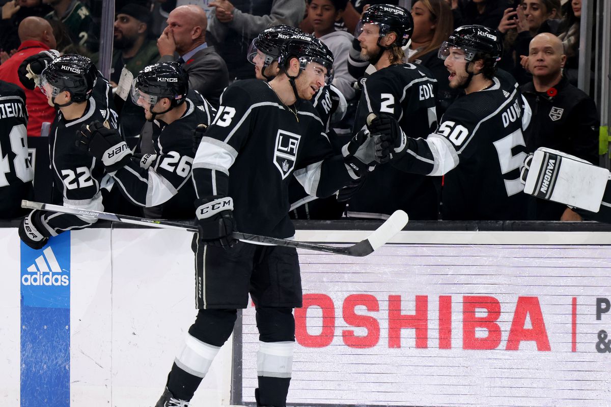 Gabriel Vilardi #13 of the Los Angeles Kings celebrates his goal with the bench, to take a 1-0 lead over the Minnesota Wild during the third period in a 1-0 Kings win at Crypto.com Arena on November 08, 2022 in Los Angeles, California.