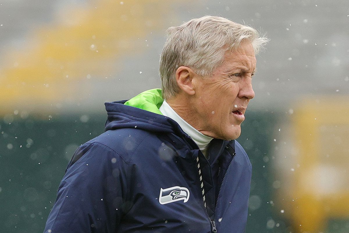Head Coach Pete Carroll of the Seattle Seahawks looks on before the game against the Green Bay Packers at Lambeau Field on November 14, 2021 in Green Bay, Wisconsin.