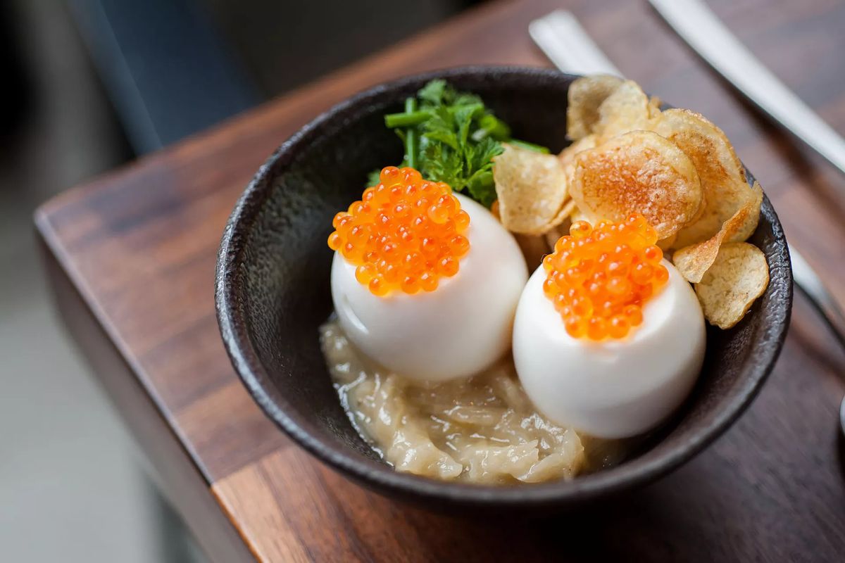 Trout roe on soft boiled eggs at Majordomo