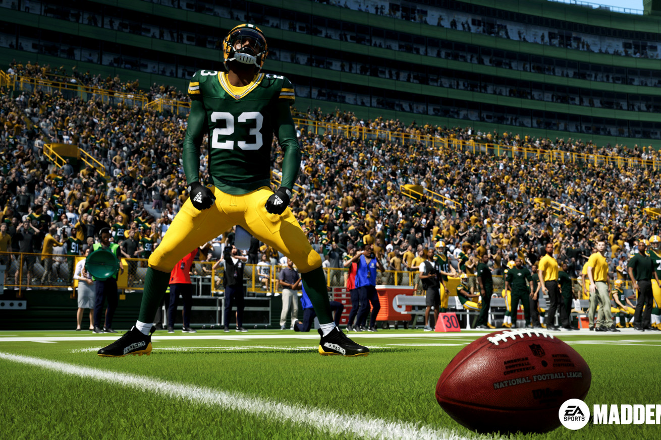 A Madden 24 screenshot of Packers cornerback Jaire Alexander doing a a touchdown celebration.