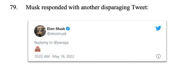 Twitter’s lawsuit includes this image of a “disparaging” tweet Elon Musk sent to its CEO Parag Agrawal, consisting of simply a poop emoji.
