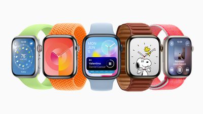 Five Apple Watches showing various new features of watchOS 10.