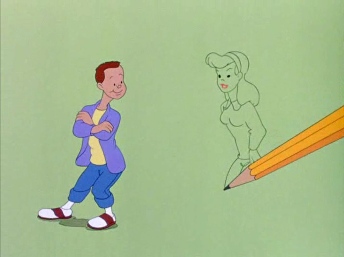 A cartoon bobby-soxer boy in loose purple jacket and red-and-white saddle shoes stands against an abstract green background as a cartoon pencil draws in the outline of a smiling bobby-soxer girl next to him in the Disney short “All the Cats Join In”