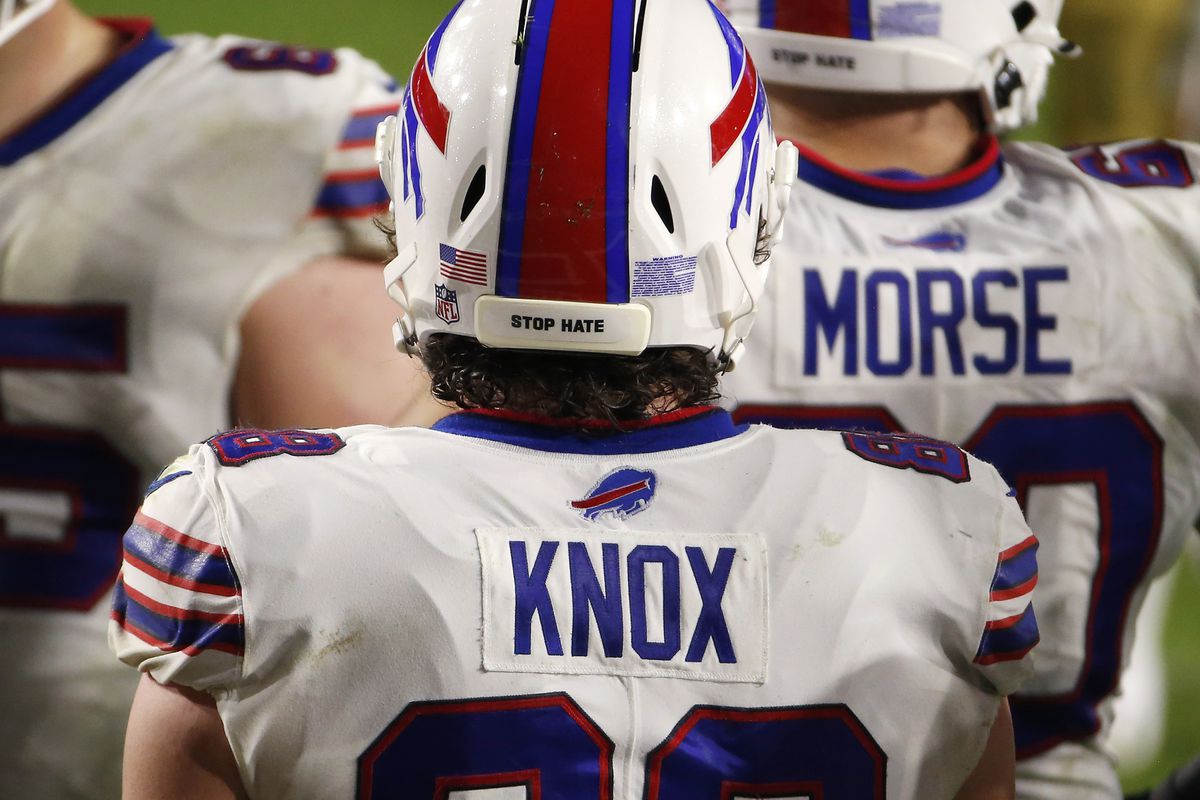 &nbsp;Tight end Dawson Knox #88 of the Buffalo Bills wears a “Stop Hate” sticker on the back of his helmet during the NFL football game against the San Francisco 49ers at State Farm Stadium on December 07, 2020 in Glendale, Arizona.