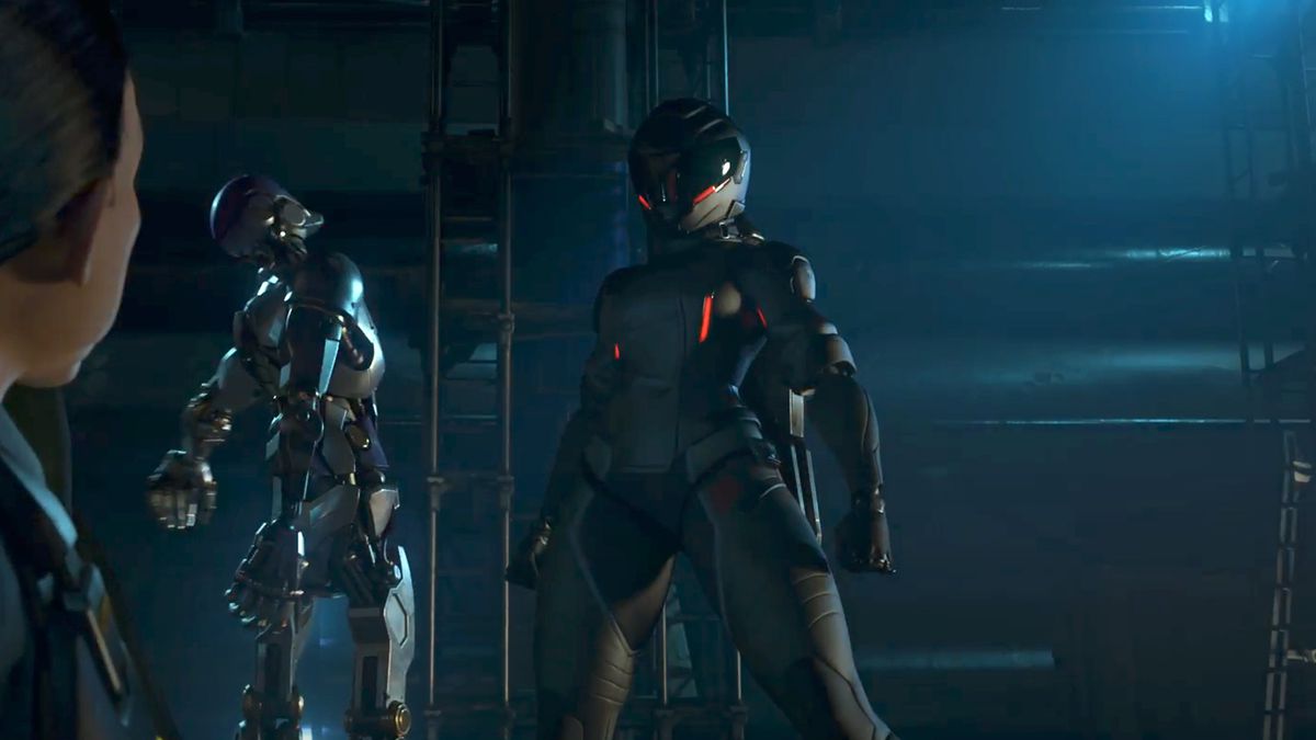 Sojourn, in a sleek black stealth costume, stands near a disabled Omnic and looks down on an injured Agent Trombley from Overwatch 2’s “Calling” cinematic.