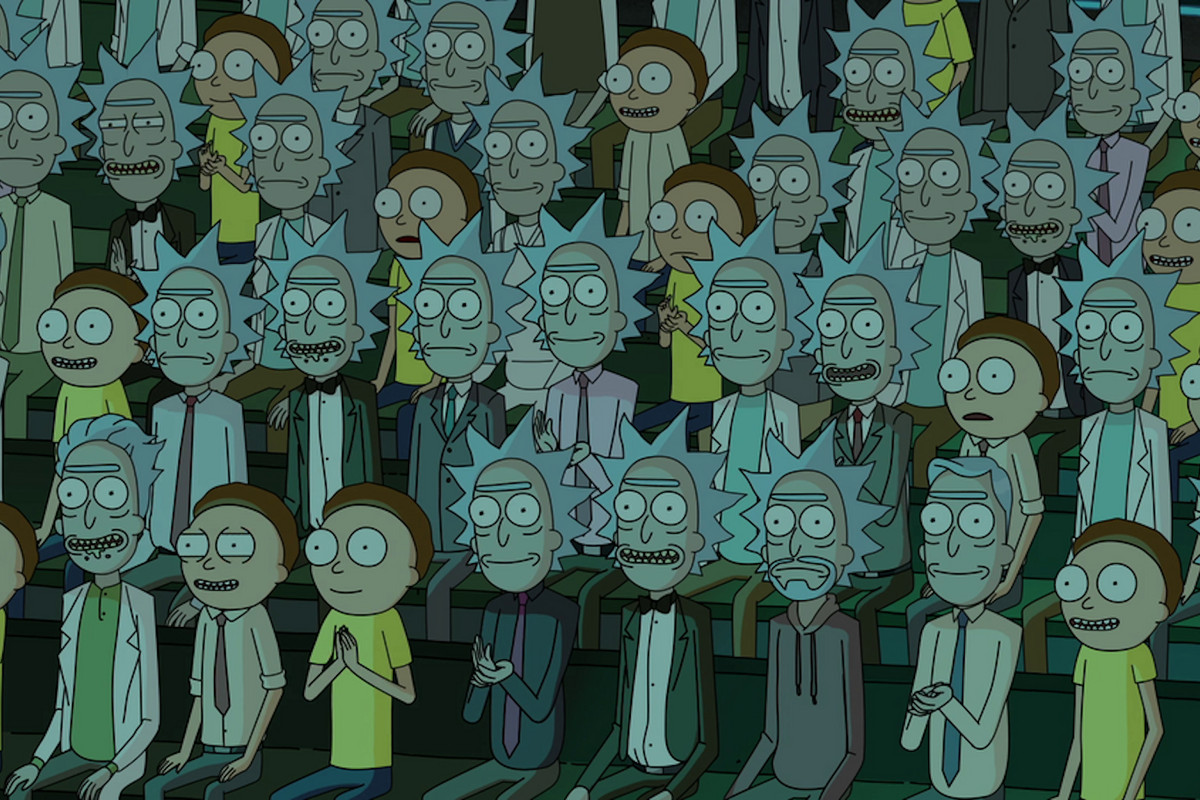 A group of Ricks and Mortys from multiple dimensions.