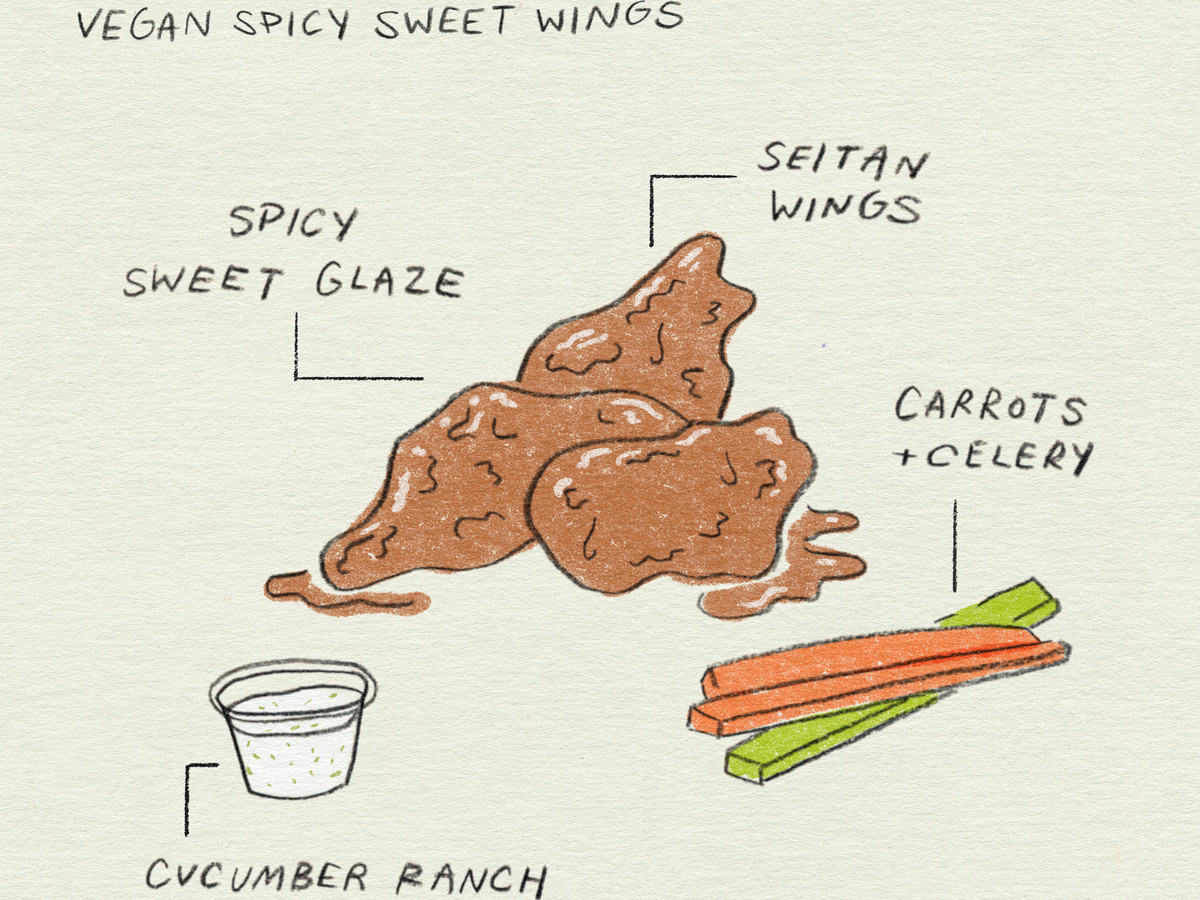 an illustration of chicken wings with carrots, celery, and ranch on the side