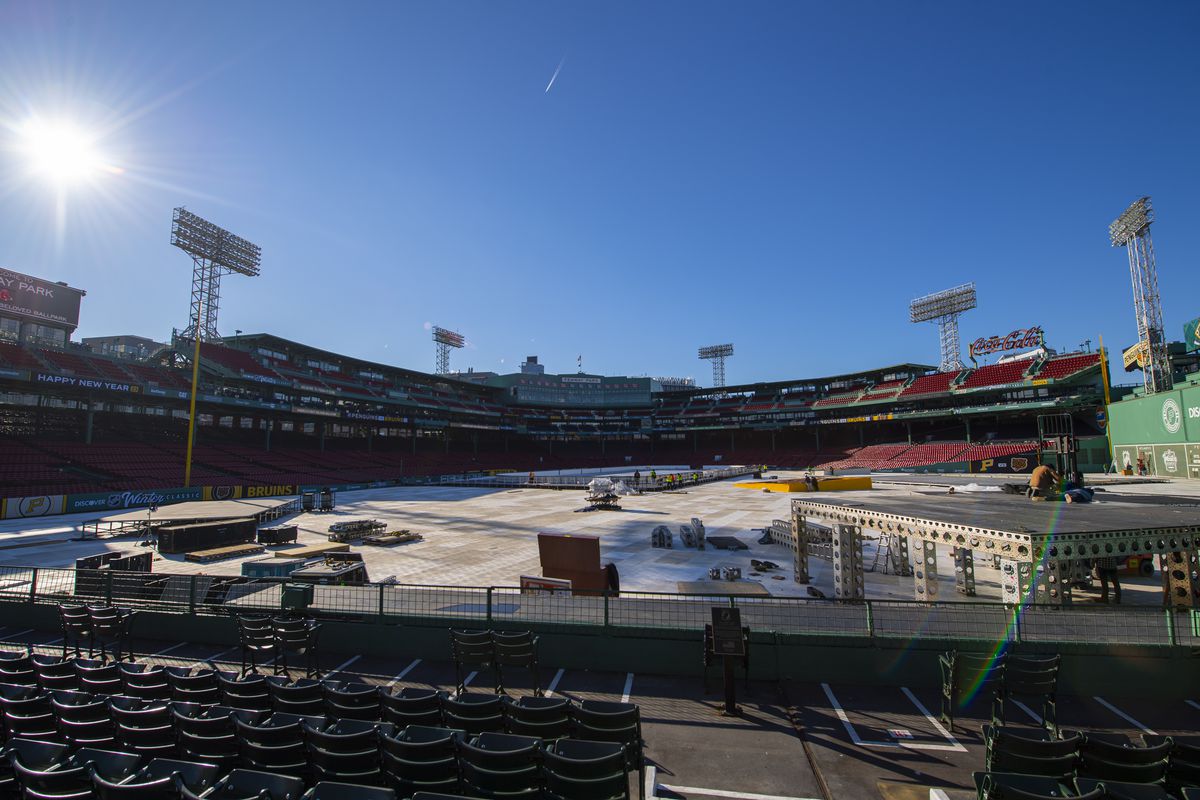 The 2023 Discover NHL Winter Classic build out continues at Fenway Park on December 27, 2022 in Boston, Massachusetts.