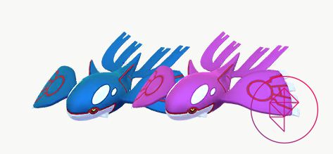 Kyogre with its Shiny form. Shiny Kyogre is purple instead of blue.