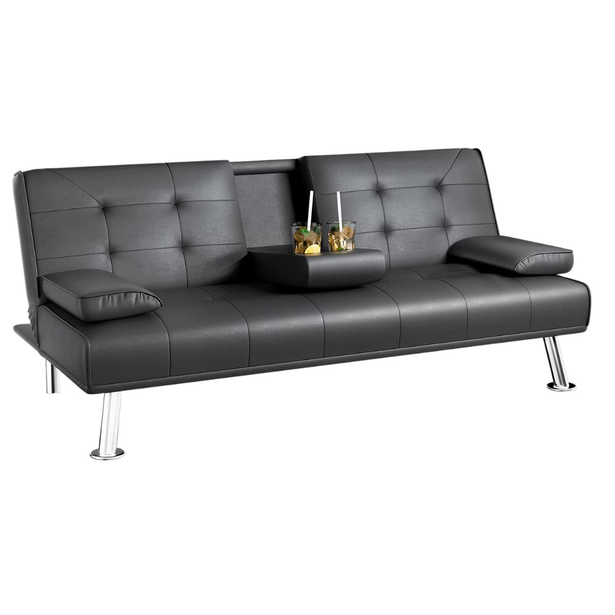 JUMMICO Futon Sofa Bed with two drinks in the center console