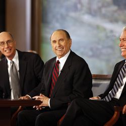 President Thomas S. Monson, center, First Counselor Henry B. Eyring, left, and Second Counselor Dieter F. Uchtdorf comprise the First Presidency of The Church of Jesus Christ of Latter-day Saints. They speak at a news conference in the LDS Church Office Building in Salt Lake City on Monday, Feb. 4, 2008.