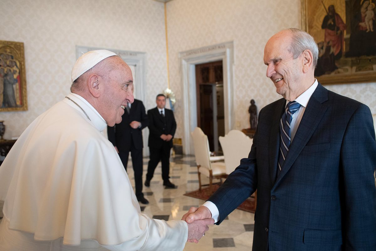 President Russell M. Nelson of The Church of Jesus Christ of Latter-day Saints and President M. Russell Ballard, president of the Quorum of the Twelve Apostles, meet with Pope Francis at the Vatican in Rome, Italy on Saturday, March 9, 2019.