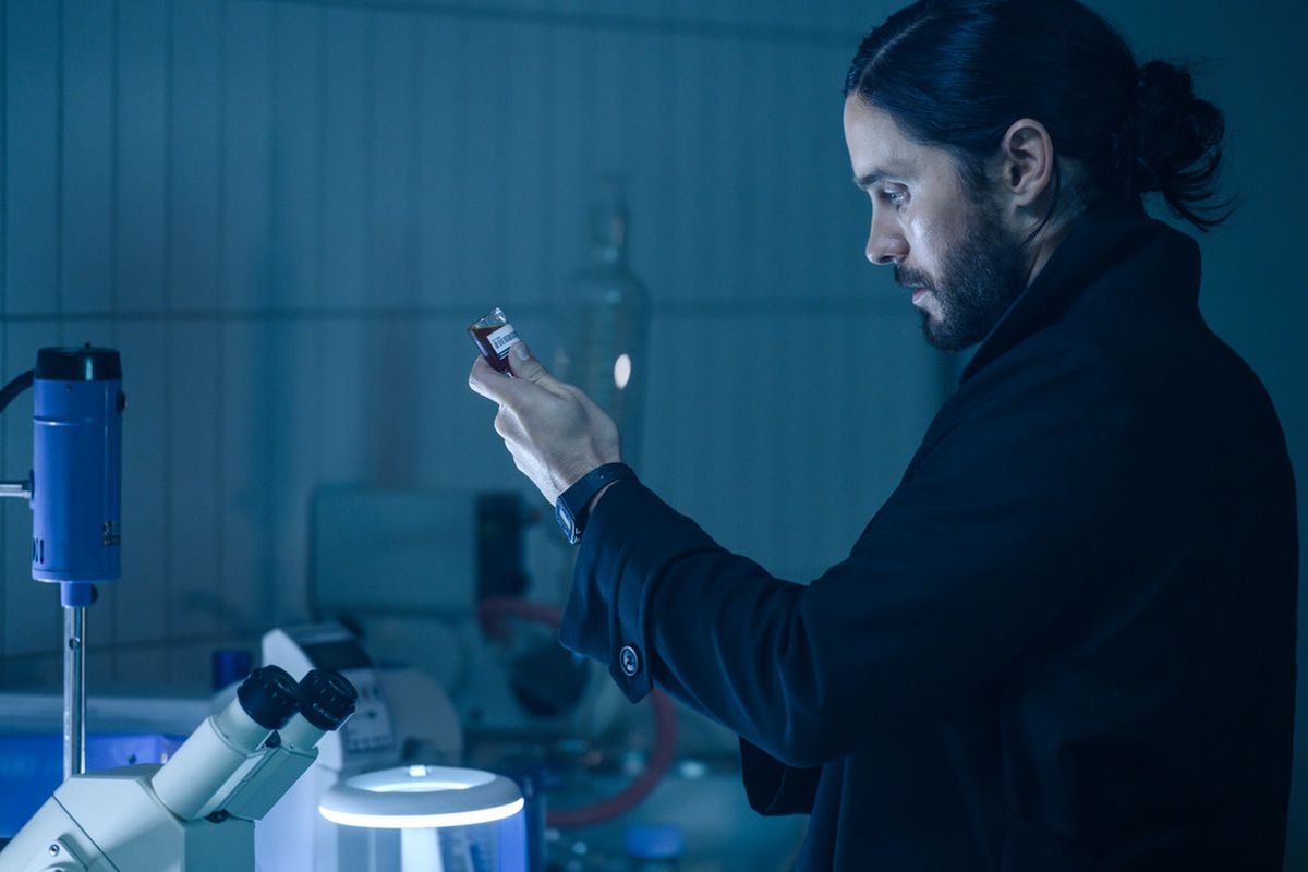 Jared Leto as the character Morbius in a chemistry lab.