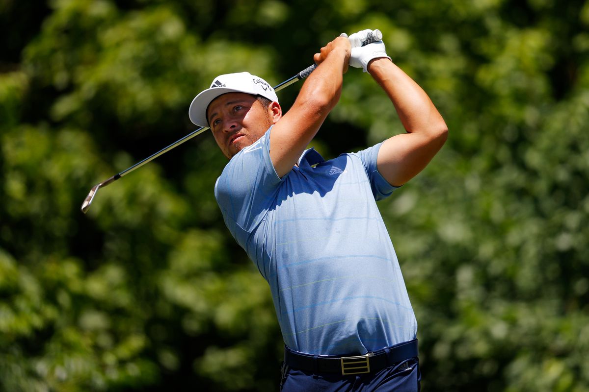 Xander Schauffele of the United States plays his shot from the eighth tee during the third round of the Charles Schwab Challenge on June 13, 2020 at Colonial Country Club in Fort Worth, Texas.