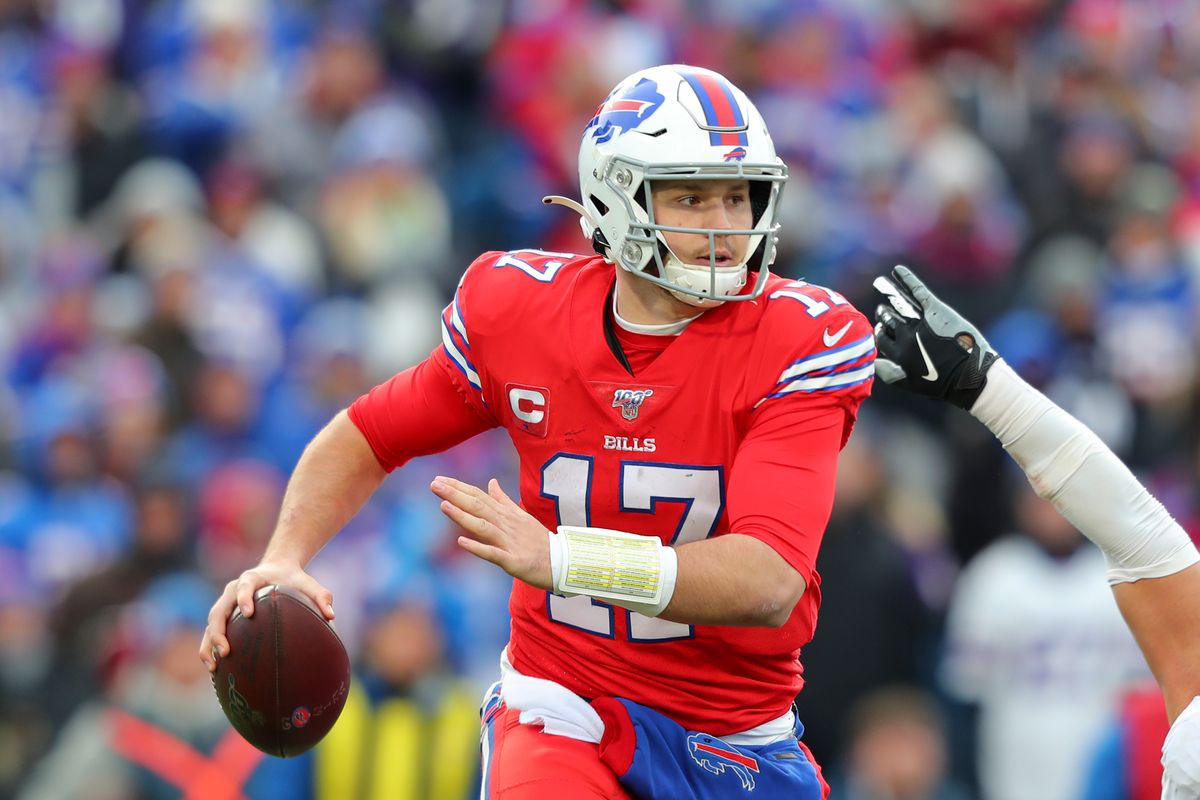 Josh Allen of the Buffalo Bills looks to throw a pass against the Baltimore Ravens at New Era Field on December 8, 2019 in Orchard Park, New York.