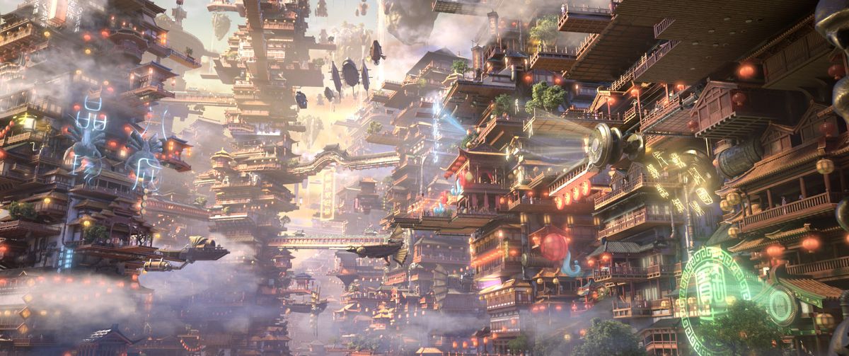 A busy CG cityscape in the Chinese CG animated movie New Gods: Yang Jian, showing a mix of Chinese architecture, floating airships, glowing holograms, and drifting clouds 