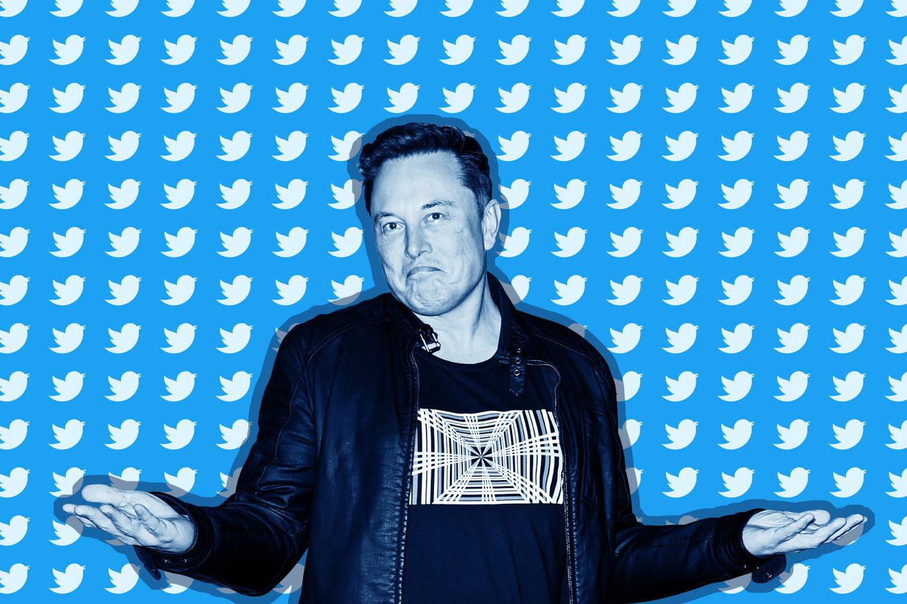 Elon Musk shrugging on a background with the Twitter logo