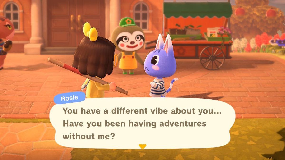 Rosie, a purple cat, says to the player: “You have a different vibe about you … Have you been having adventures without me?”  