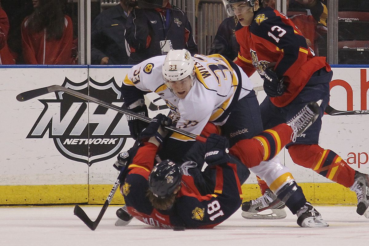 SUNRISE, FL - MARCH 03: Colin Wilson #33 of the Nashville Predators hits Shawn Matthias #18 of the Florida Panthers at the BankAtlantic Center on March 3, 2012 in Sunrise, Florida.  (Photo by Bruce Bennett/Getty Images)