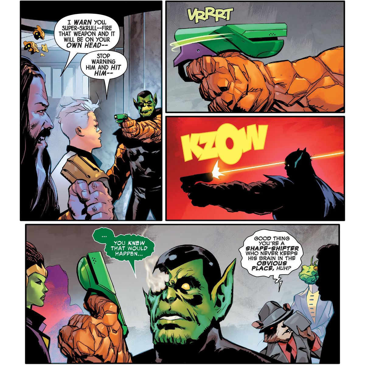 The Super Skrull threatens Marvel Boy with a pistol, but when he fires, the barrel of the gun rotates horizontally 180 degrees with a VRRRT, and then — KZWO — fires a laser blast through his eye. But he’s fine, because he’s a shapeshifter, in Guardians of the Galaxy #8, Marvel Comics (2020). 