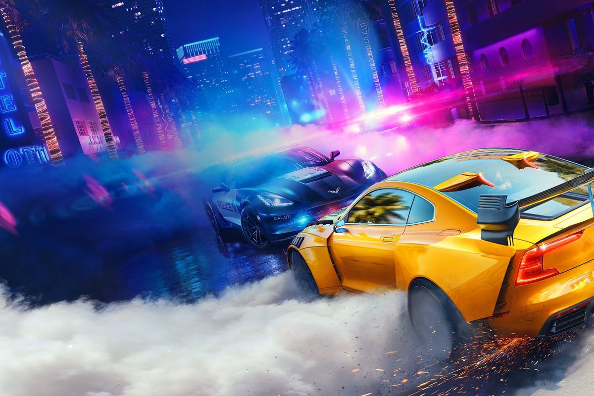 Need for Speed Heat artwork with a yellow sports car facing off against a Corvette police car at night on rainy streets