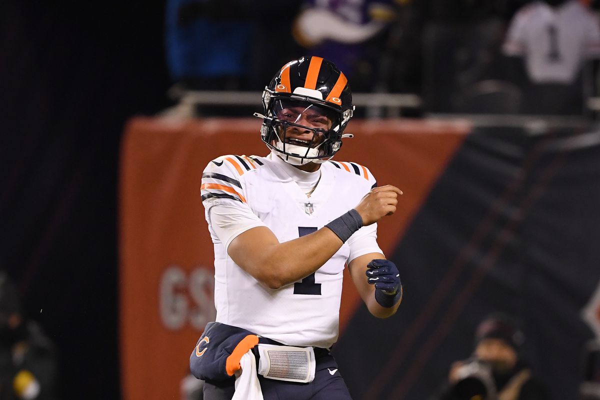 Chicago Bears quarterback Justin Fields (1) reacts in the second half against the Minnesota Vikings at Soldier Field.